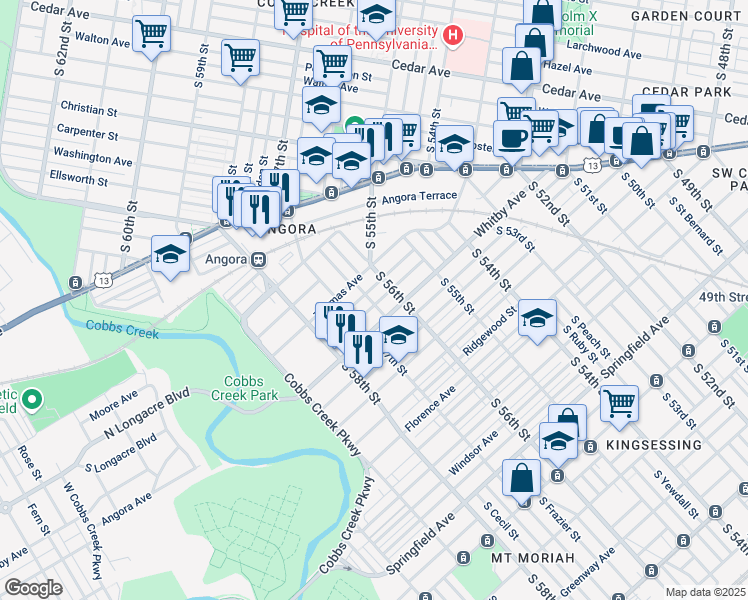 map of restaurants, bars, coffee shops, grocery stores, and more near 5631 Broomall Street in Philadelphia