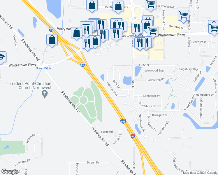 map of restaurants, bars, coffee shops, grocery stores, and more near 6538 Amherst Way in Zionsville