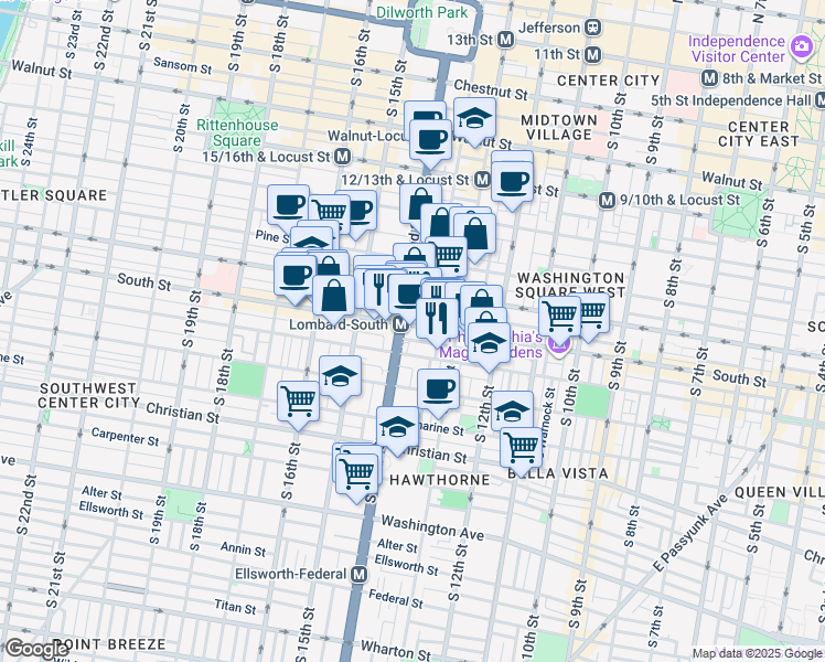 map of restaurants, bars, coffee shops, grocery stores, and more near 1354 South Street in Philadelphia