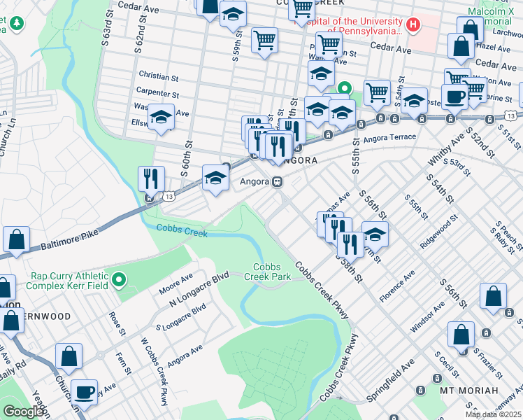map of restaurants, bars, coffee shops, grocery stores, and more near 5850 Fernwood Street in Philadelphia