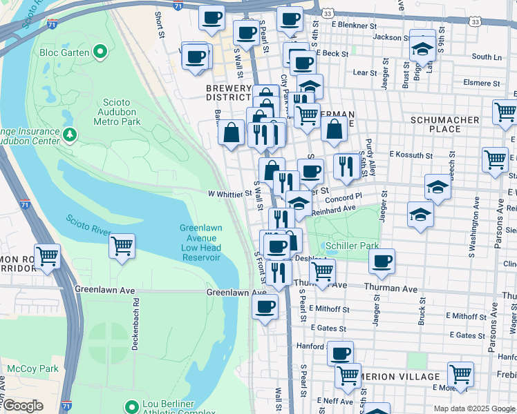 map of restaurants, bars, coffee shops, grocery stores, and more near 909 South Wall Street in Columbus