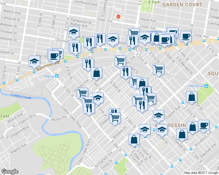 map of restaurants, bars, coffee shops, grocery stores, and more near 5518 Malcolm Street in Philadelphia