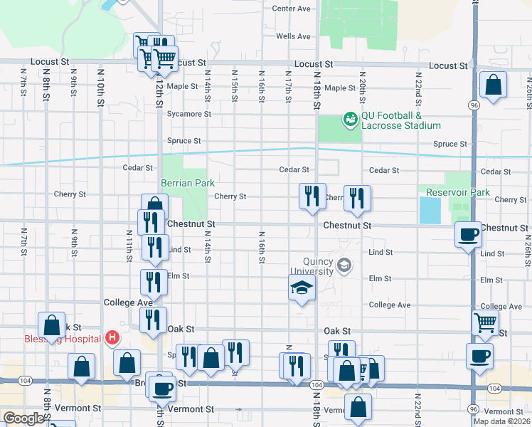 map of restaurants, bars, coffee shops, grocery stores, and more near 1016 North 16th Street in Quincy