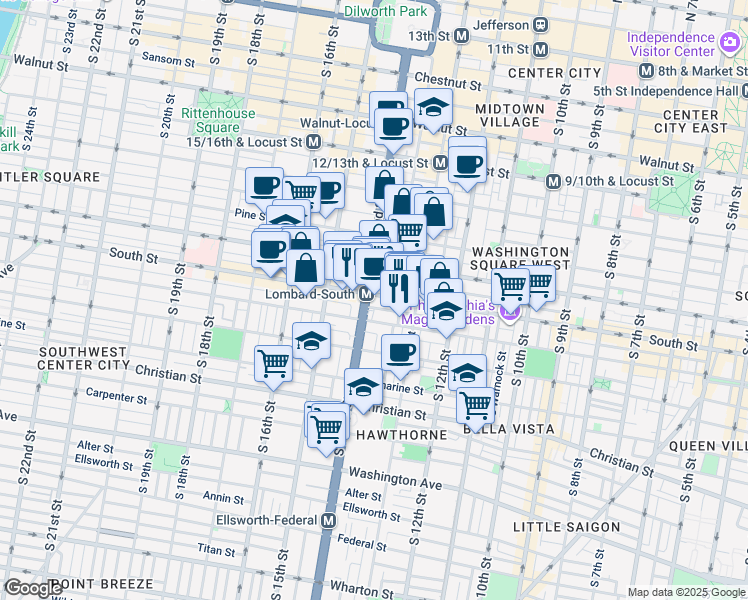 map of restaurants, bars, coffee shops, grocery stores, and more near 1358 South Street in Philadelphia