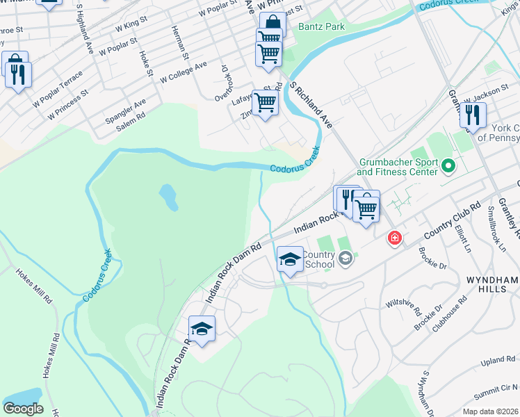 map of restaurants, bars, coffee shops, grocery stores, and more near 1173 Kings Mill Road in York