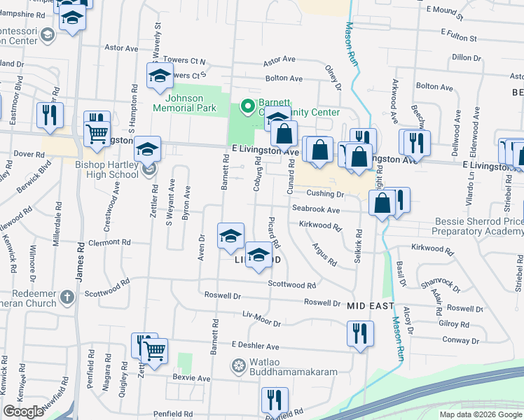 map of restaurants, bars, coffee shops, grocery stores, and more near 1408 Picard Road in Columbus
