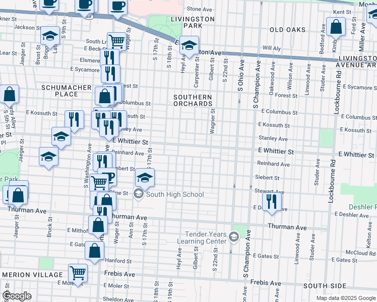 map of restaurants, bars, coffee shops, grocery stores, and more near 760 Reinhard Avenue in Columbus