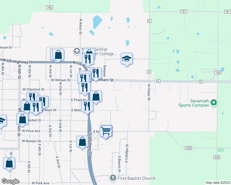 map of restaurants, bars, coffee shops, grocery stores, and more near 208 North Birch Street in Savannah