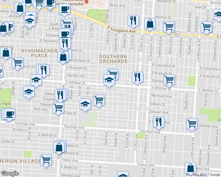 map of restaurants, bars, coffee shops, grocery stores, and more near 760 Reinhard Avenue in Columbus