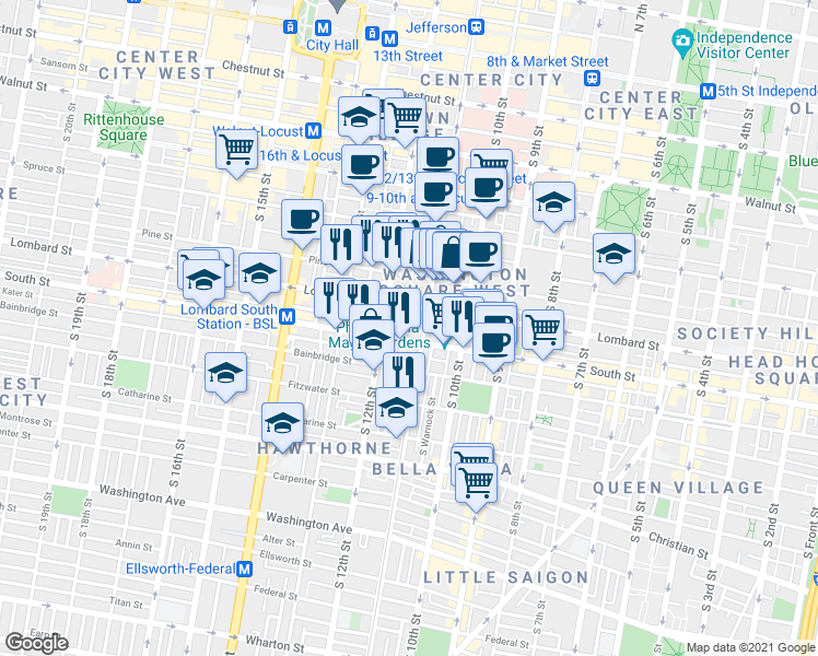 map of restaurants, bars, coffee shops, grocery stores, and more near 1112 Rodman Street in Philadelphia