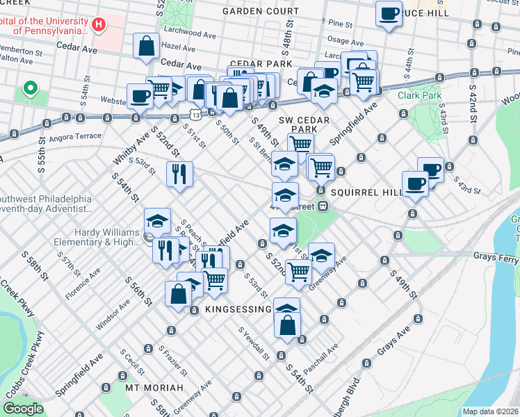map of restaurants, bars, coffee shops, grocery stores, and more near Springfield Avenue & South 51st Street in Philadelphia