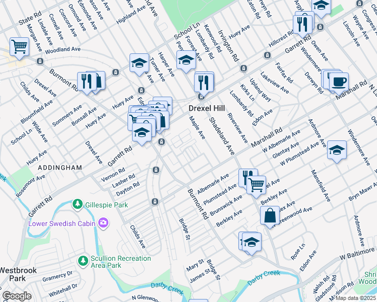 map of restaurants, bars, coffee shops, grocery stores, and more near 343 Francis Street in Drexel Hill