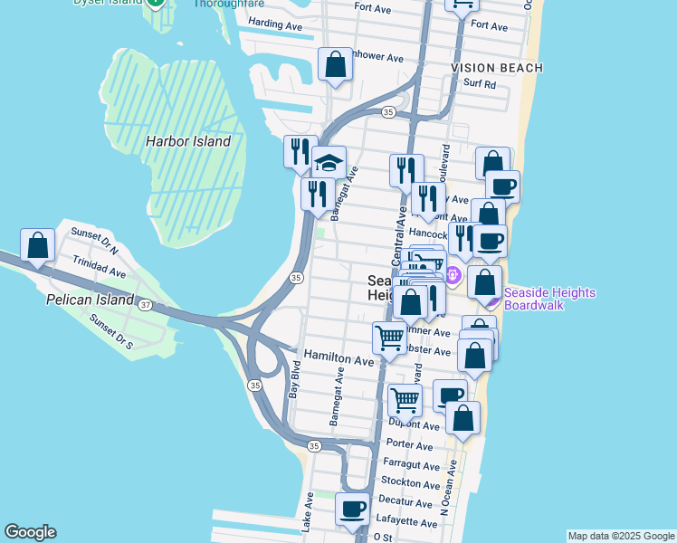 map of restaurants, bars, coffee shops, grocery stores, and more near 328 Grant Avenue in Seaside Heights