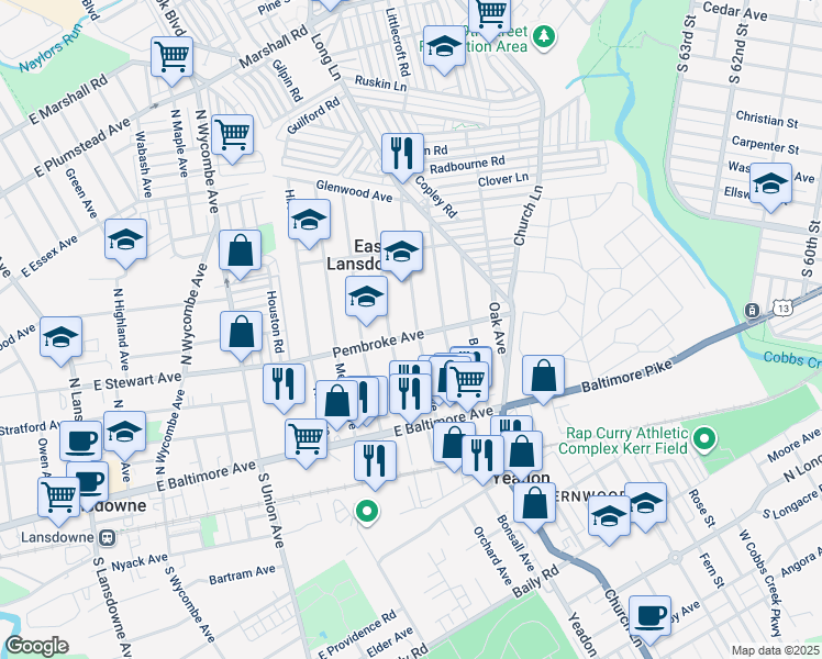map of restaurants, bars, coffee shops, grocery stores, and more near 719 Pembroke Avenue in Lansdowne