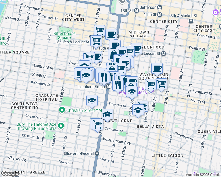 map of restaurants, bars, coffee shops, grocery stores, and more near 1358 South Street in Philadelphia