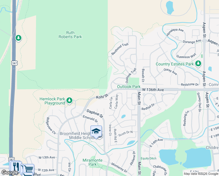 map of restaurants, bars, coffee shops, grocery stores, and more near 267 Powderhorn Trail in Broomfield