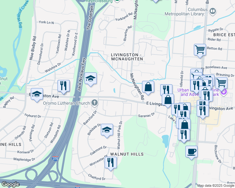 map of restaurants, bars, coffee shops, grocery stores, and more near 1835 Quarry Ridge Drive in Columbus