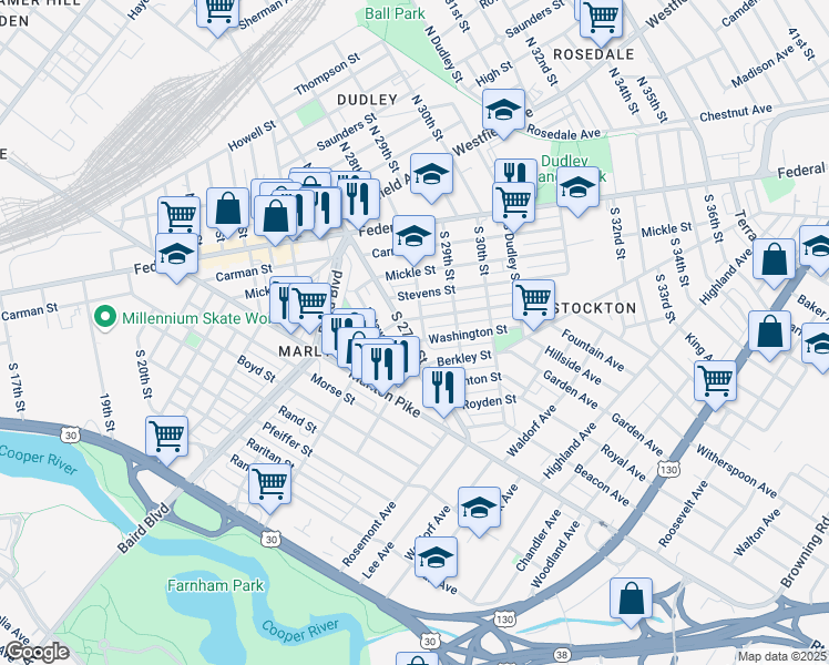 map of restaurants, bars, coffee shops, grocery stores, and more near 224 South 27th Street in Camden