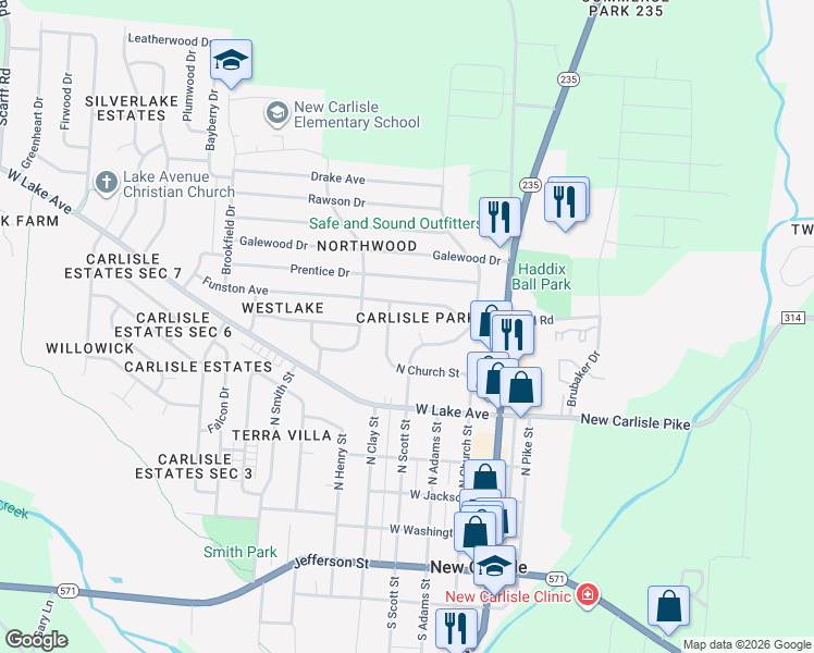 map of restaurants, bars, coffee shops, grocery stores, and more near 511 Scott Circle in New Carlisle