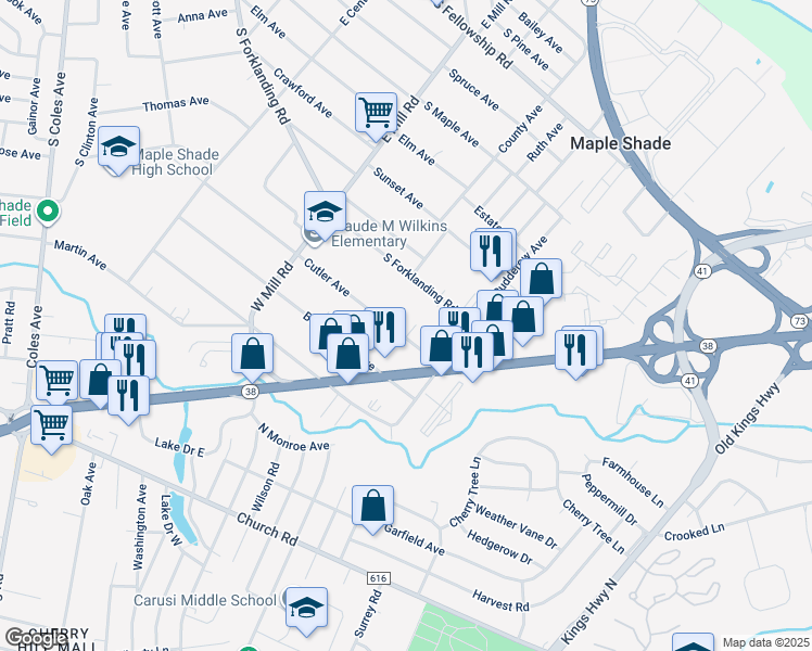 map of restaurants, bars, coffee shops, grocery stores, and more near 615 Cutler Avenue in Maple Shade
