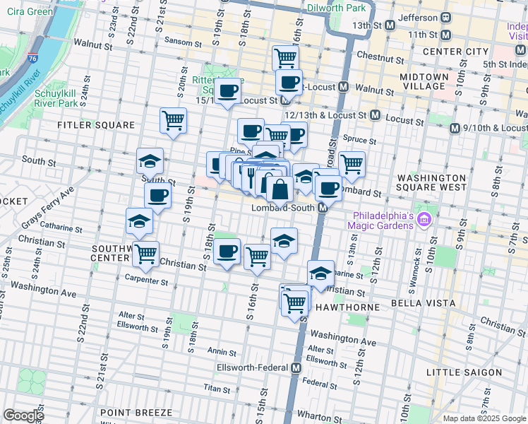 map of restaurants, bars, coffee shops, grocery stores, and more near 622 South 16th Street in Philadelphia
