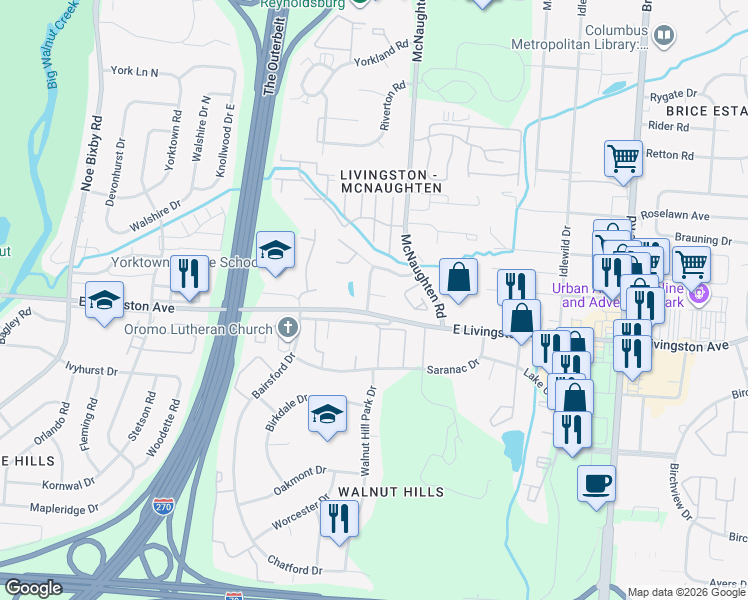 map of restaurants, bars, coffee shops, grocery stores, and more near 5943 Rock Glen Court in Columbus