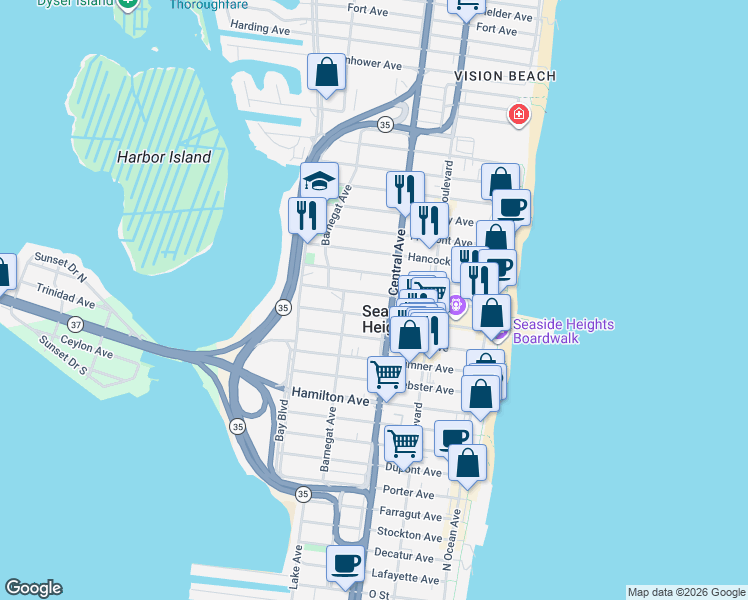 map of restaurants, bars, coffee shops, grocery stores, and more near 217 Sherman Avenue in Seaside Heights