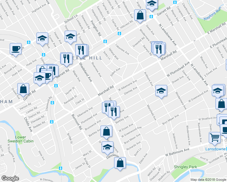 map of restaurants, bars, coffee shops, grocery stores, and more near 227 West Albemarle Avenue in Lansdowne