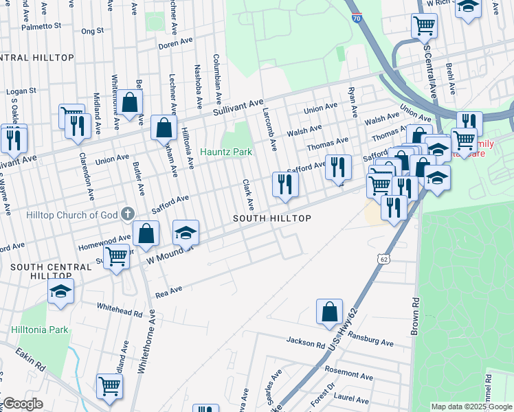map of restaurants, bars, coffee shops, grocery stores, and more near 626 Clark Avenue in Columbus