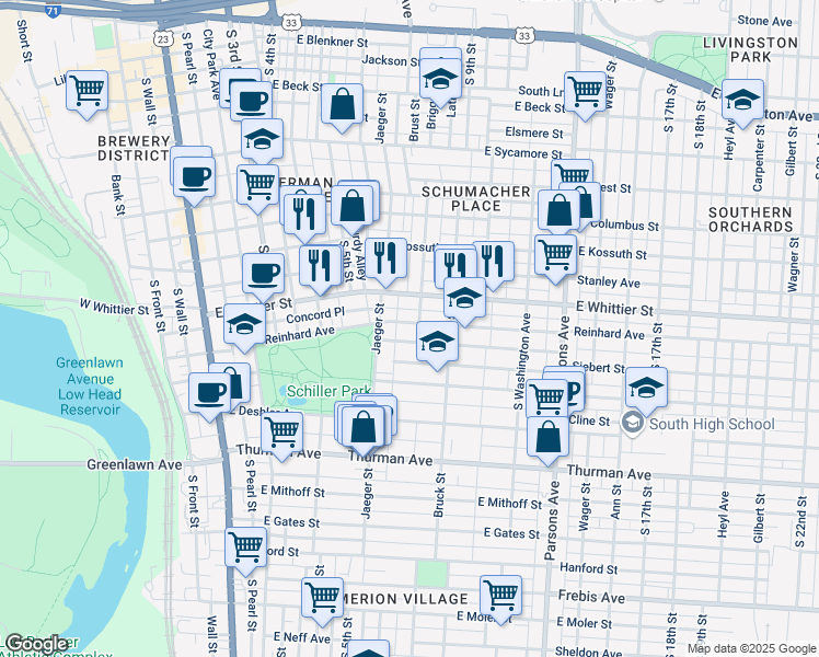 map of restaurants, bars, coffee shops, grocery stores, and more near 289 Reinhard Avenue in Columbus