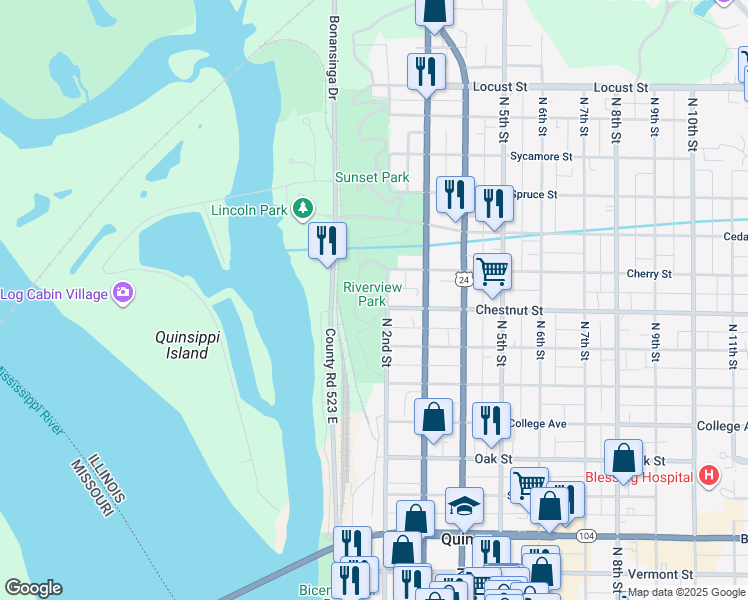 map of restaurants, bars, coffee shops, grocery stores, and more near 1001 North 2nd Street in Quincy