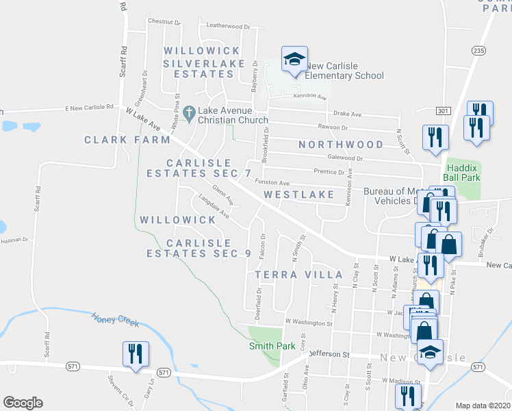 map of restaurants, bars, coffee shops, grocery stores, and more near 511 Zimmerman Street in New Carlisle
