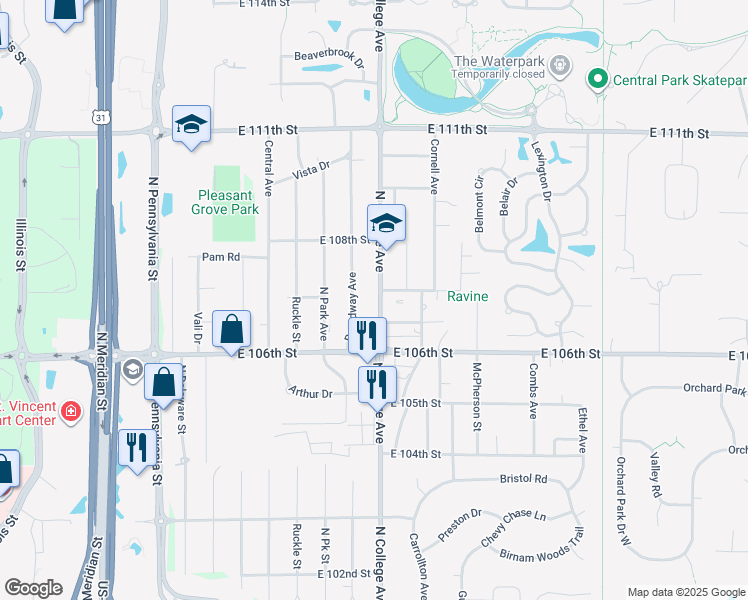map of restaurants, bars, coffee shops, grocery stores, and more near 10696 North College Avenue in Indianapolis