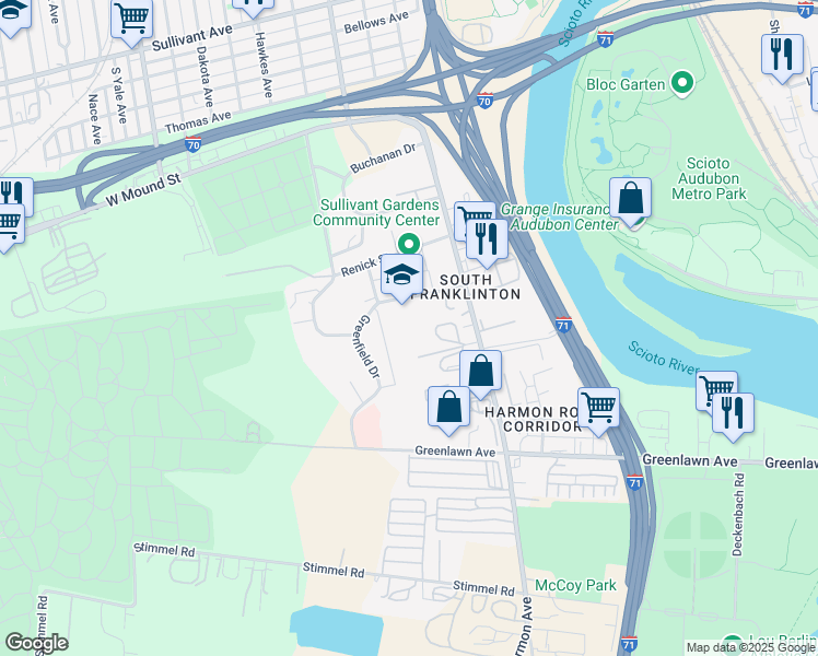 map of restaurants, bars, coffee shops, grocery stores, and more near 791 Griggs Avenue in Columbus