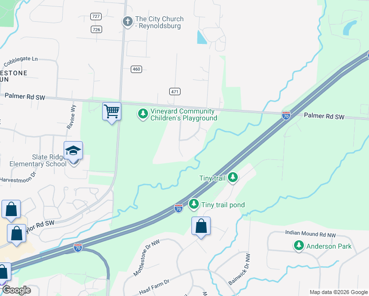 map of restaurants, bars, coffee shops, grocery stores, and more near 183 Meadow Drive in Reynoldsburg