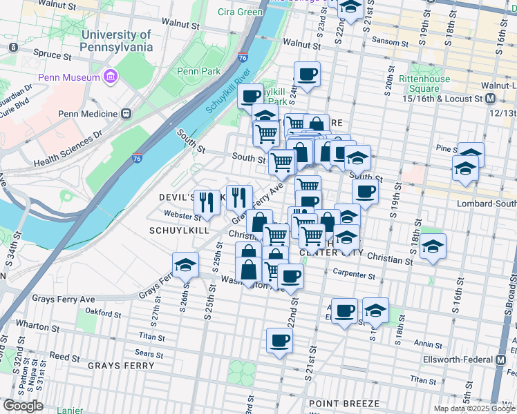 map of restaurants, bars, coffee shops, grocery stores, and more near 2349 Saint Albans Street in Philadelphia