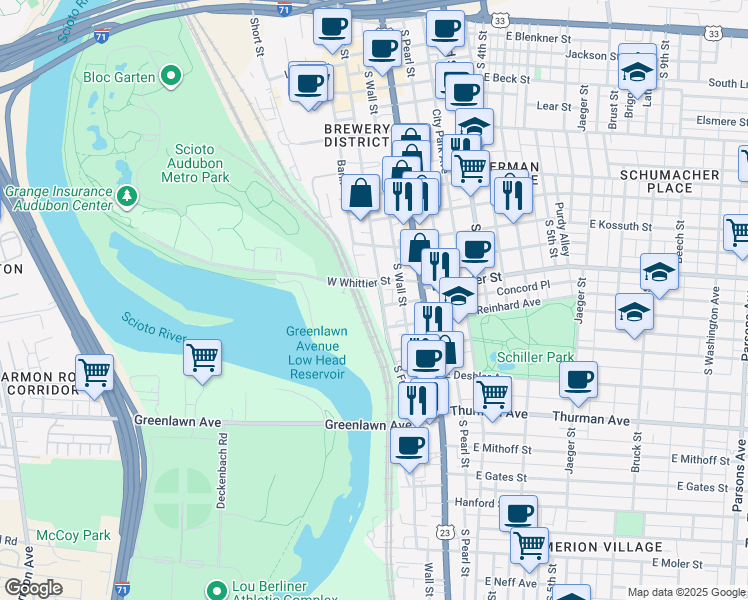 map of restaurants, bars, coffee shops, grocery stores, and more near 901 Lower Scioto Greenway in Columbus