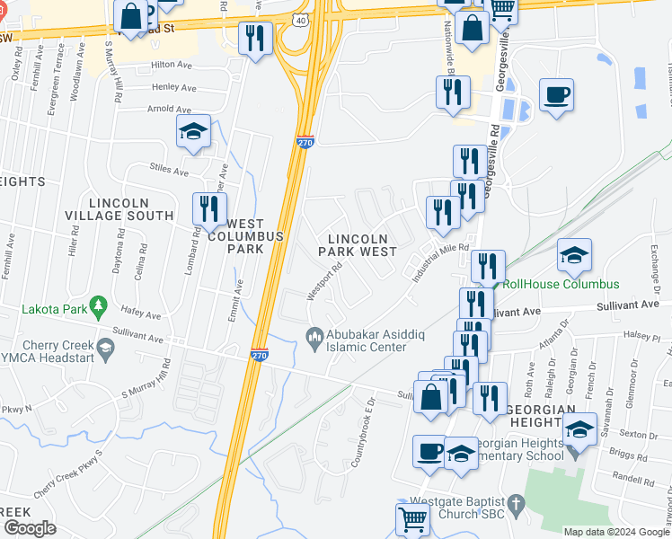map of restaurants, bars, coffee shops, grocery stores, and more near 600 Franshire West in Columbus