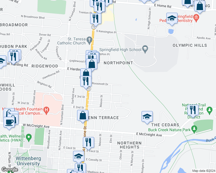 map of restaurants, bars, coffee shops, grocery stores, and more near 321 Roosevelt Drive in Springfield