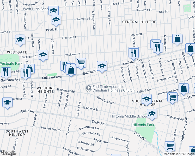 map of restaurants, bars, coffee shops, grocery stores, and more near 563 South Burgess Avenue in Columbus