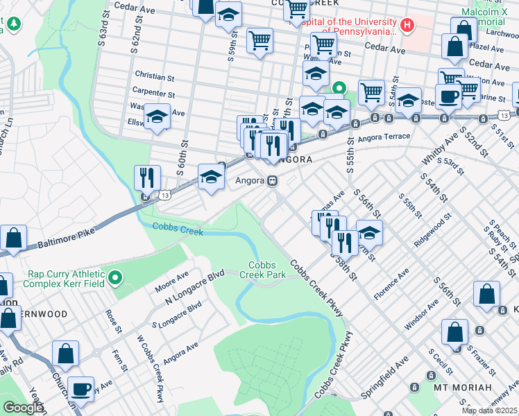 map of restaurants, bars, coffee shops, grocery stores, and more near 5844 Fernwood Street in Philadelphia