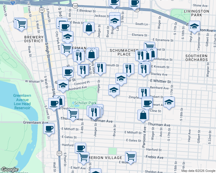map of restaurants, bars, coffee shops, grocery stores, and more near 289 Reinhard Avenue in Columbus