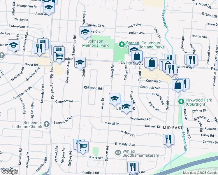 map of restaurants, bars, coffee shops, grocery stores, and more near 1383 Barnett Road in Columbus