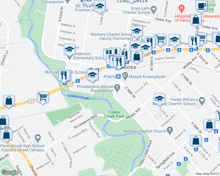 map of restaurants, bars, coffee shops, grocery stores, and more near 59th St in Philadelphia
