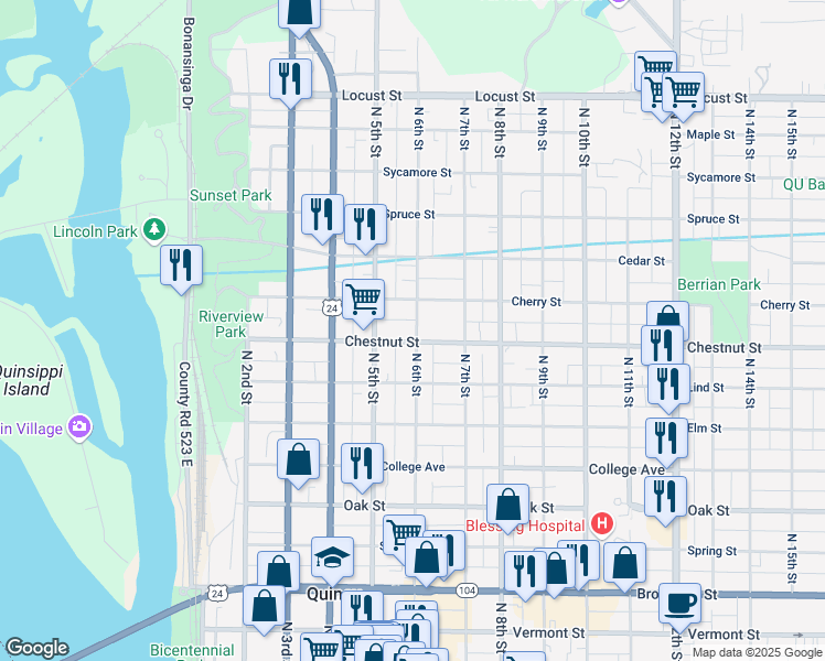 map of restaurants, bars, coffee shops, grocery stores, and more near 533 Chestnut Street in Quincy