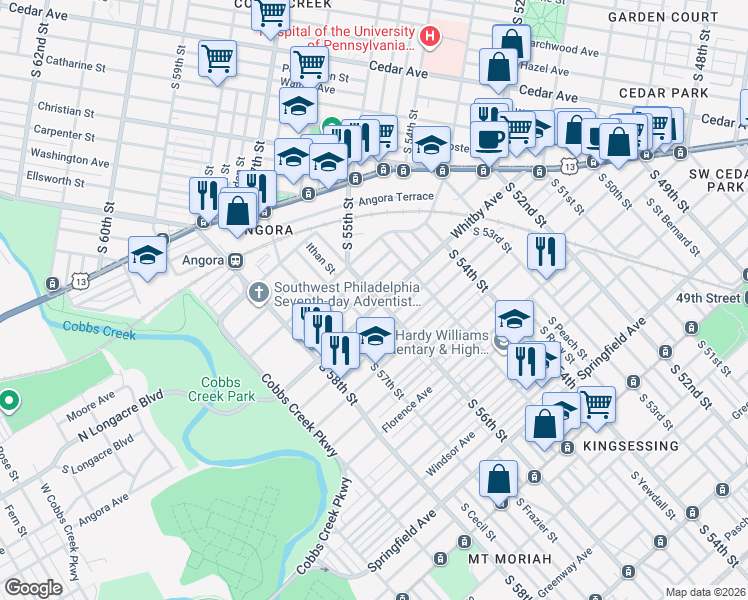 map of restaurants, bars, coffee shops, grocery stores, and more near 1154 South 56th Street in Philadelphia