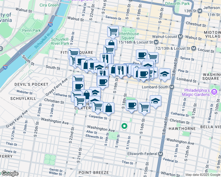 map of restaurants, bars, coffee shops, grocery stores, and more near 1921 Pemberton Street in Philadelphia