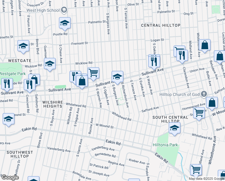 map of restaurants, bars, coffee shops, grocery stores, and more near 563 South Burgess Avenue in Columbus