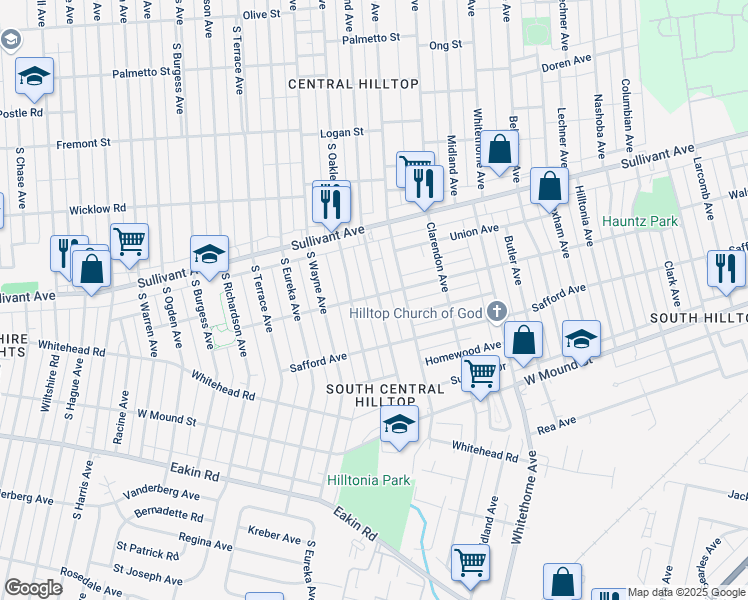 map of restaurants, bars, coffee shops, grocery stores, and more near 581 South Wheatland Avenue in Columbus