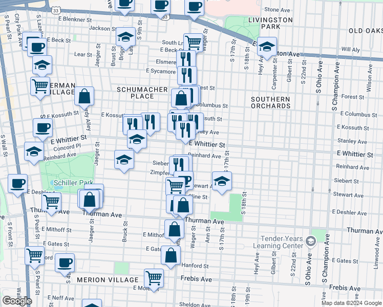 map of restaurants, bars, coffee shops, grocery stores, and more near 566 Reinhard Avenue in Columbus